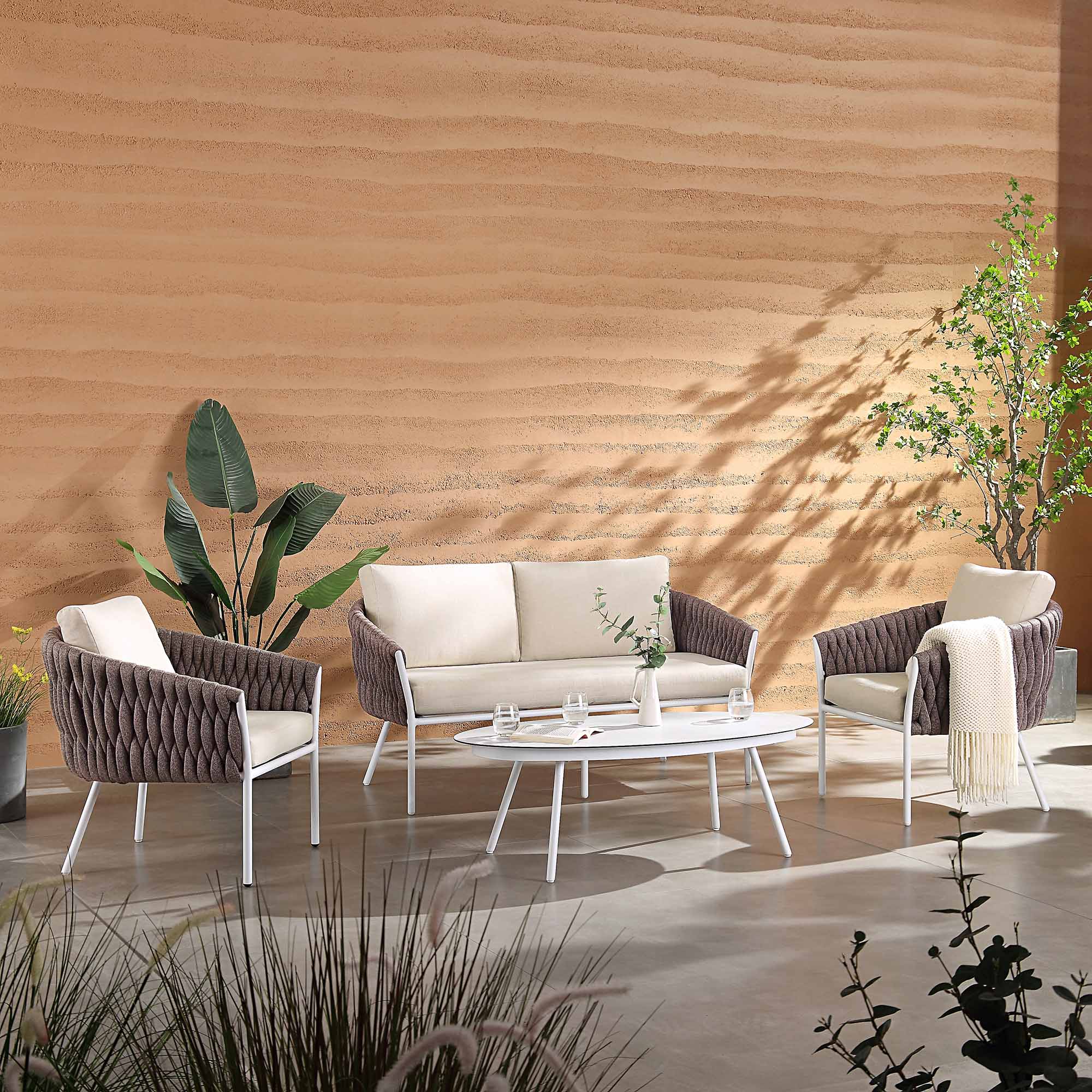 Montebello 4-Seater Outdoor Taupe Rope and Aluminium Sofa Set with White Ceramic Coffee Table - Image 2