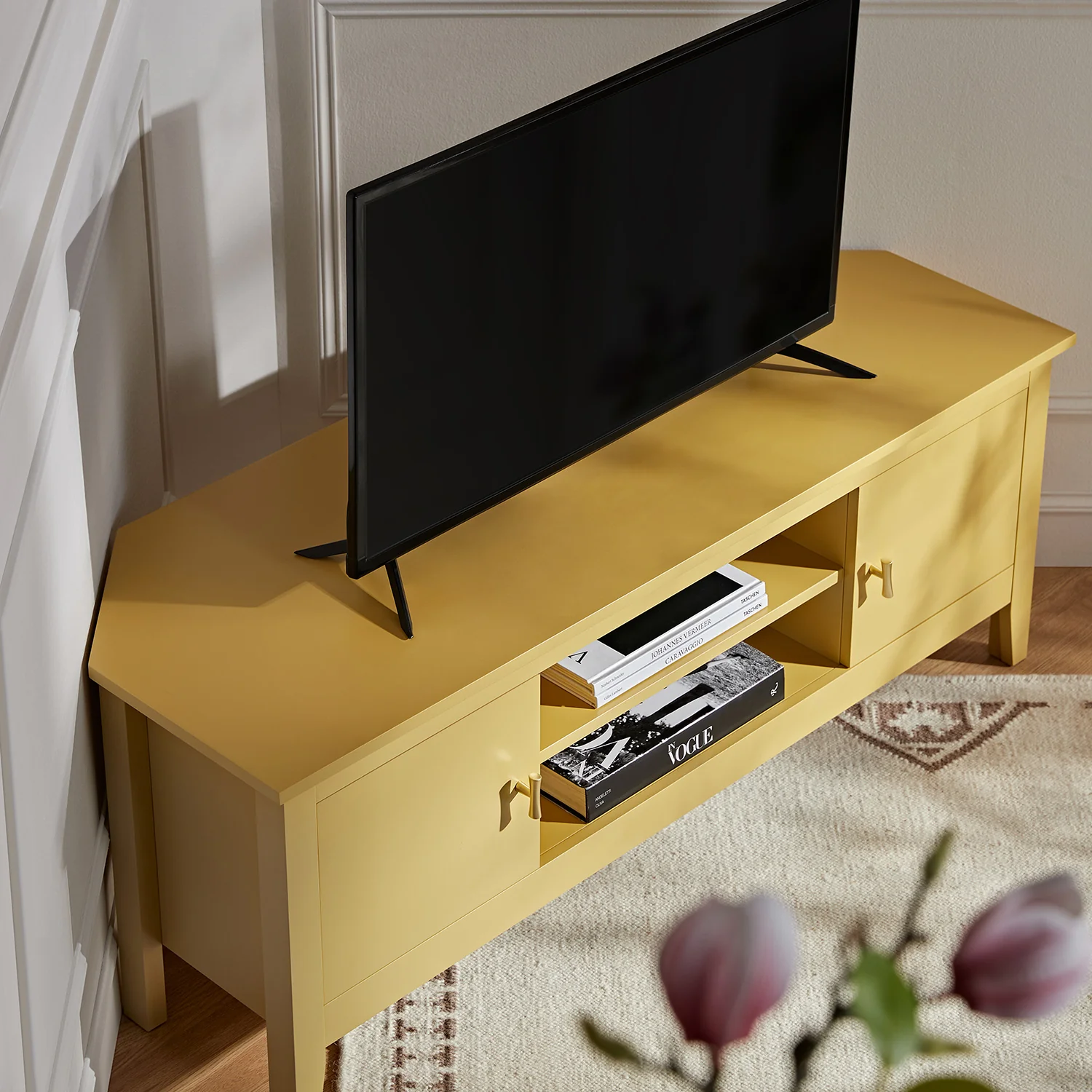 Oakham 120cm Corner TV Unit, Rattan Yellow
