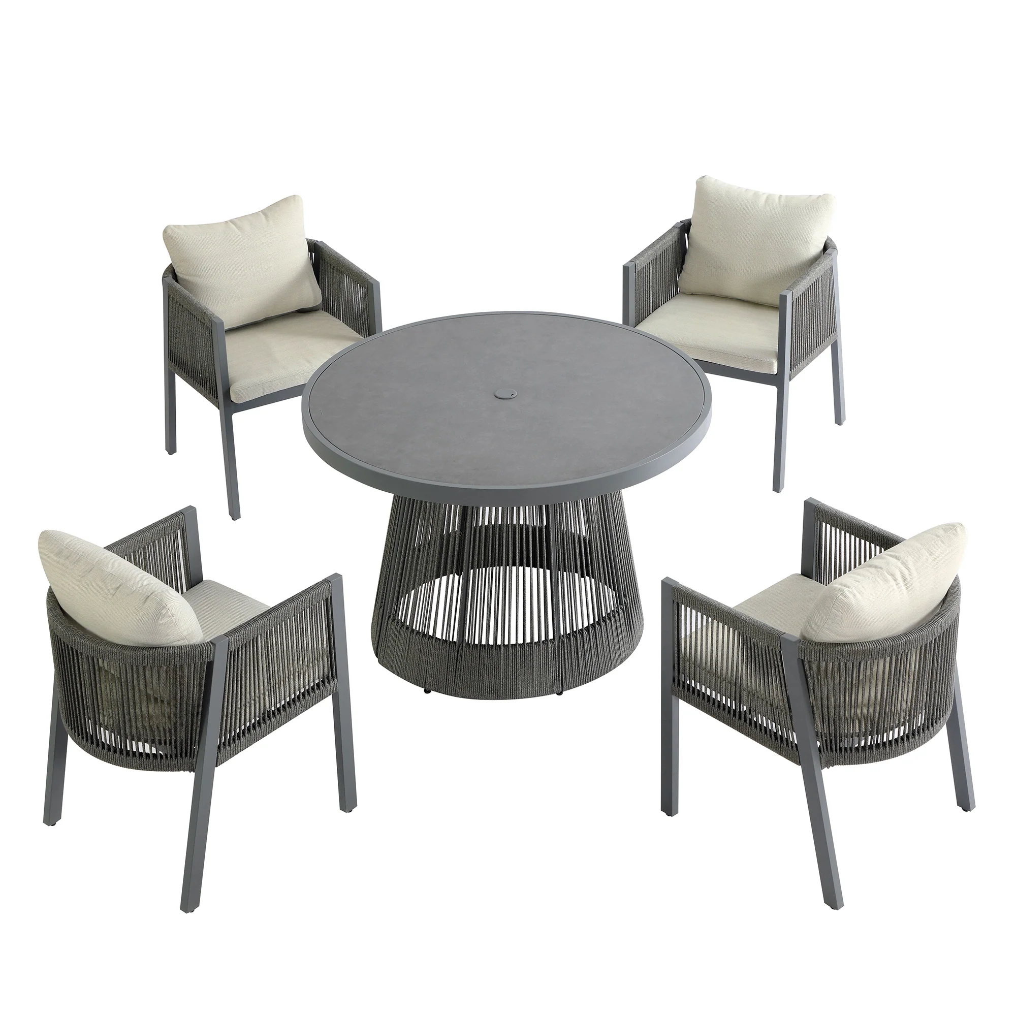 Pedra Rope and Aluminium Outdoor 4-Seater Round Dining Set, Grey