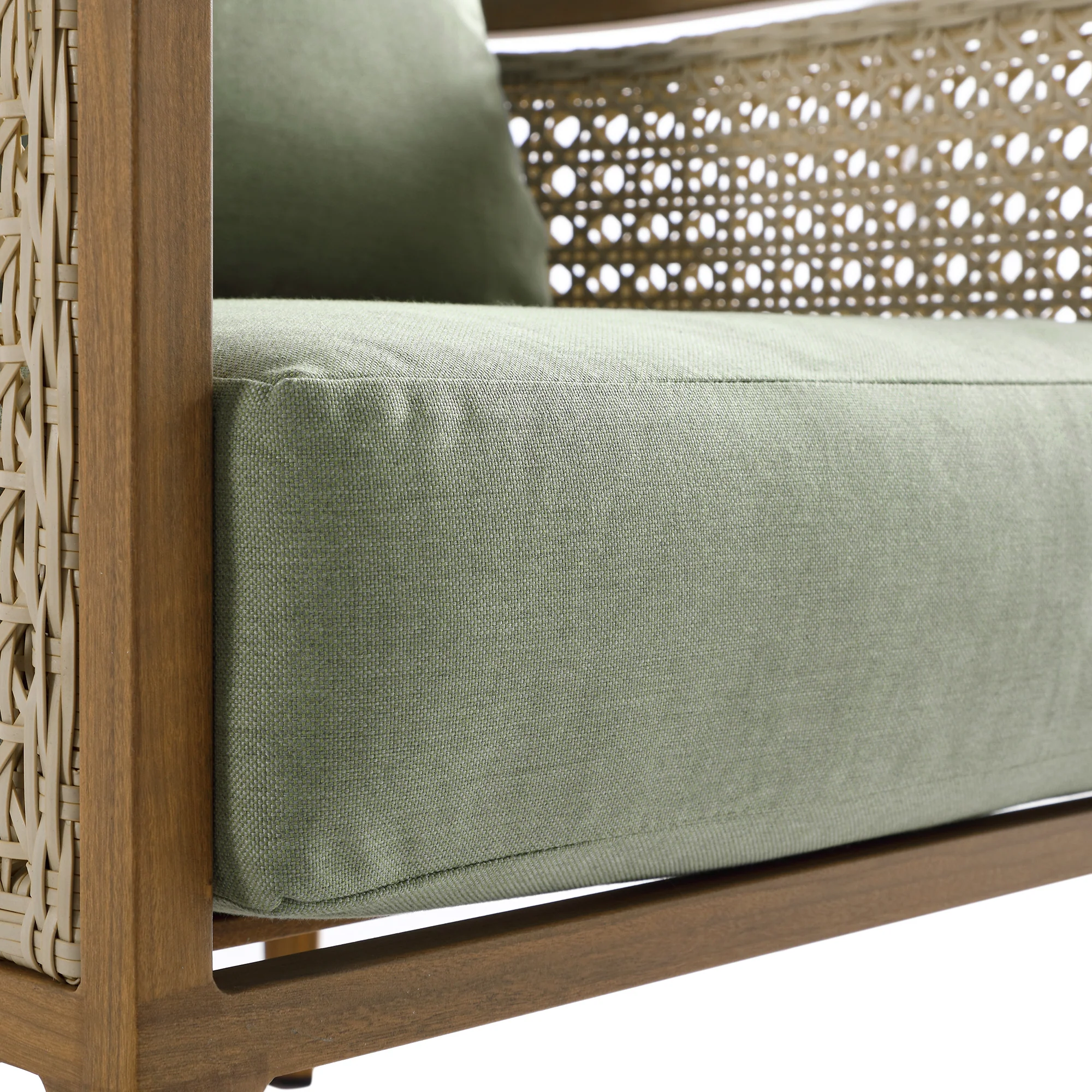Pienza Outdoor Rattan Corner Sofa Set, Sage Green Fabric with Light Walnut Frame - Image 14