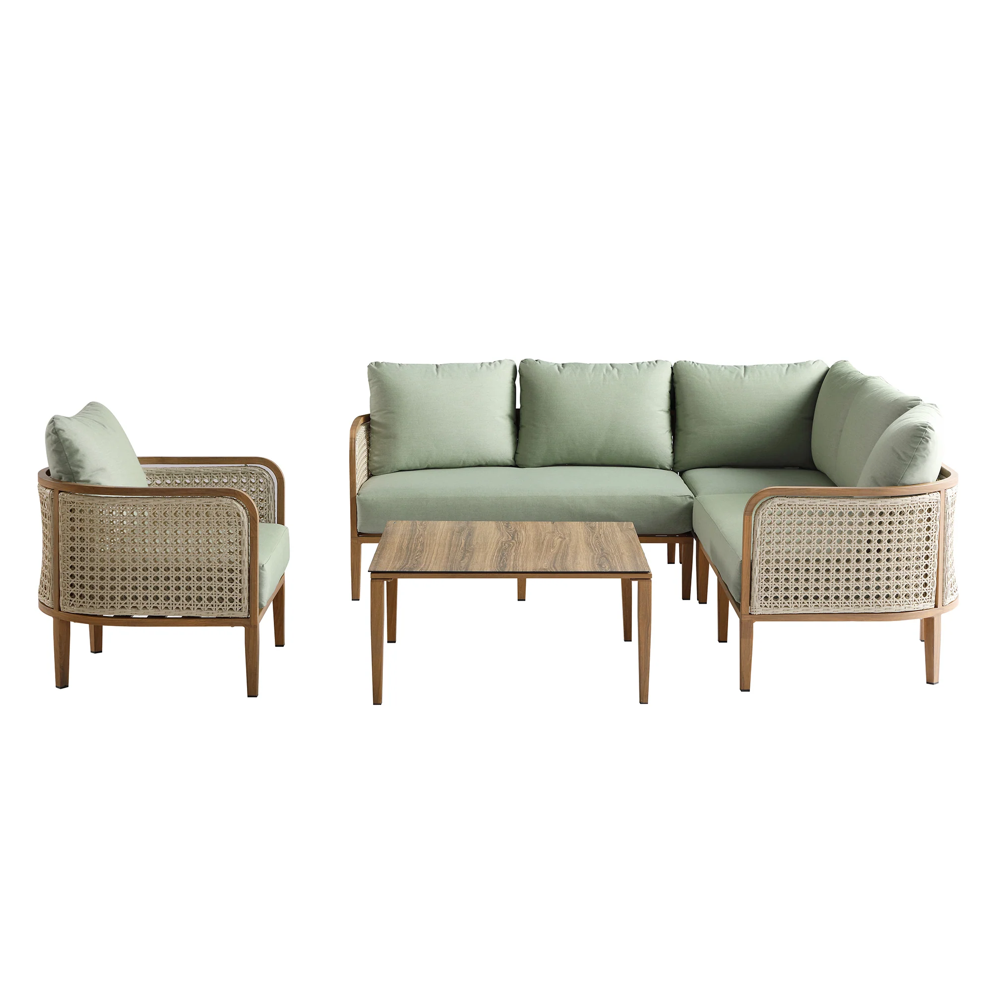 Pienza Outdoor Rattan Corner Sofa Set, Sage Green Fabric with Light Walnut Frame - Image 4