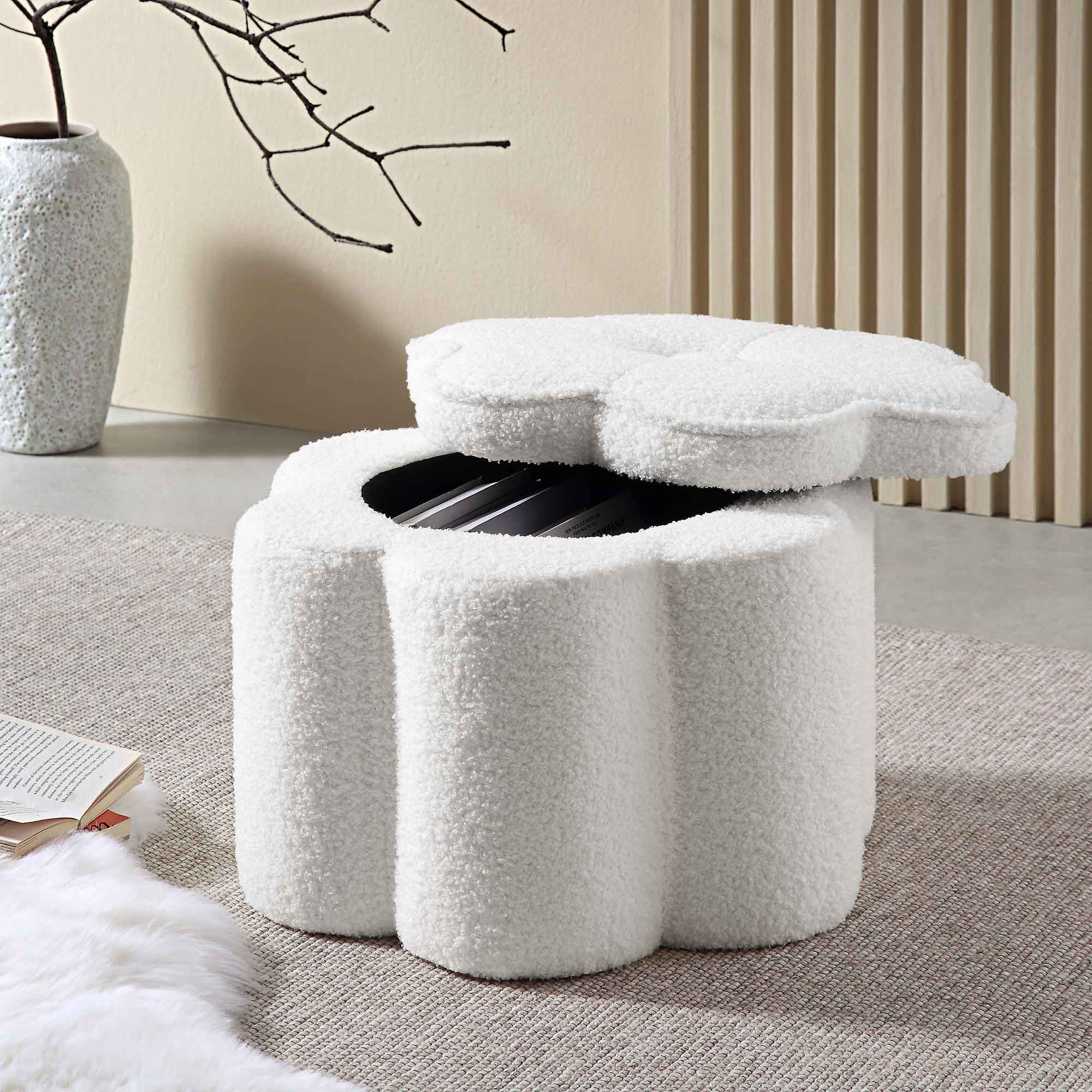 Pollie White Teddy Boucle Storage Stool - Image 2