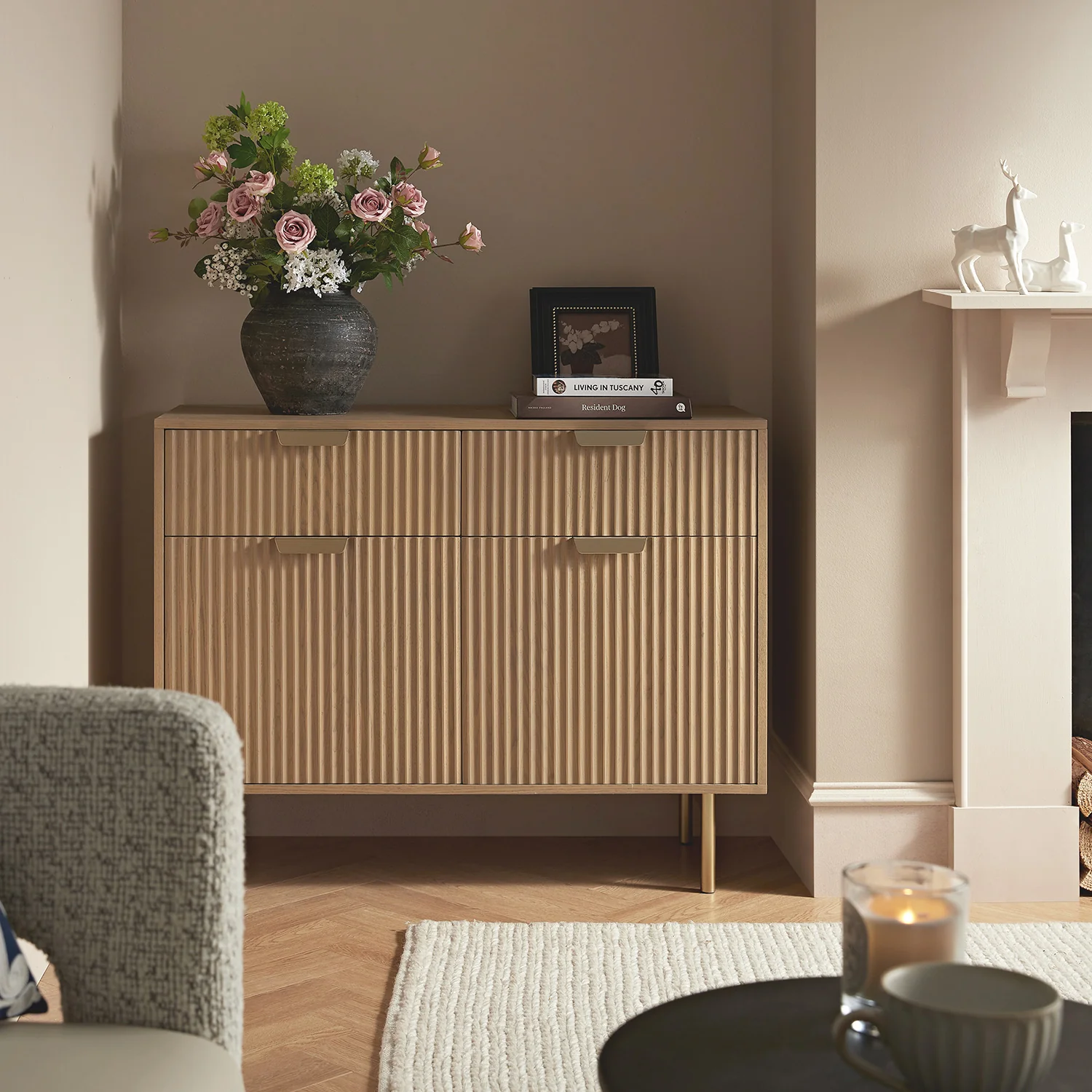 Richmond Ridged 2-Door Cabinet with Drawers, Light Ash