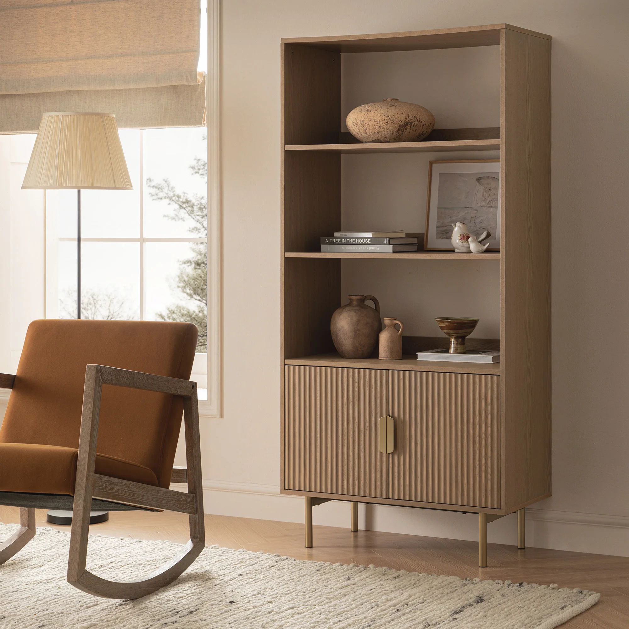 Richmond Ridged Tall Bookcase with Doors, Light Ash