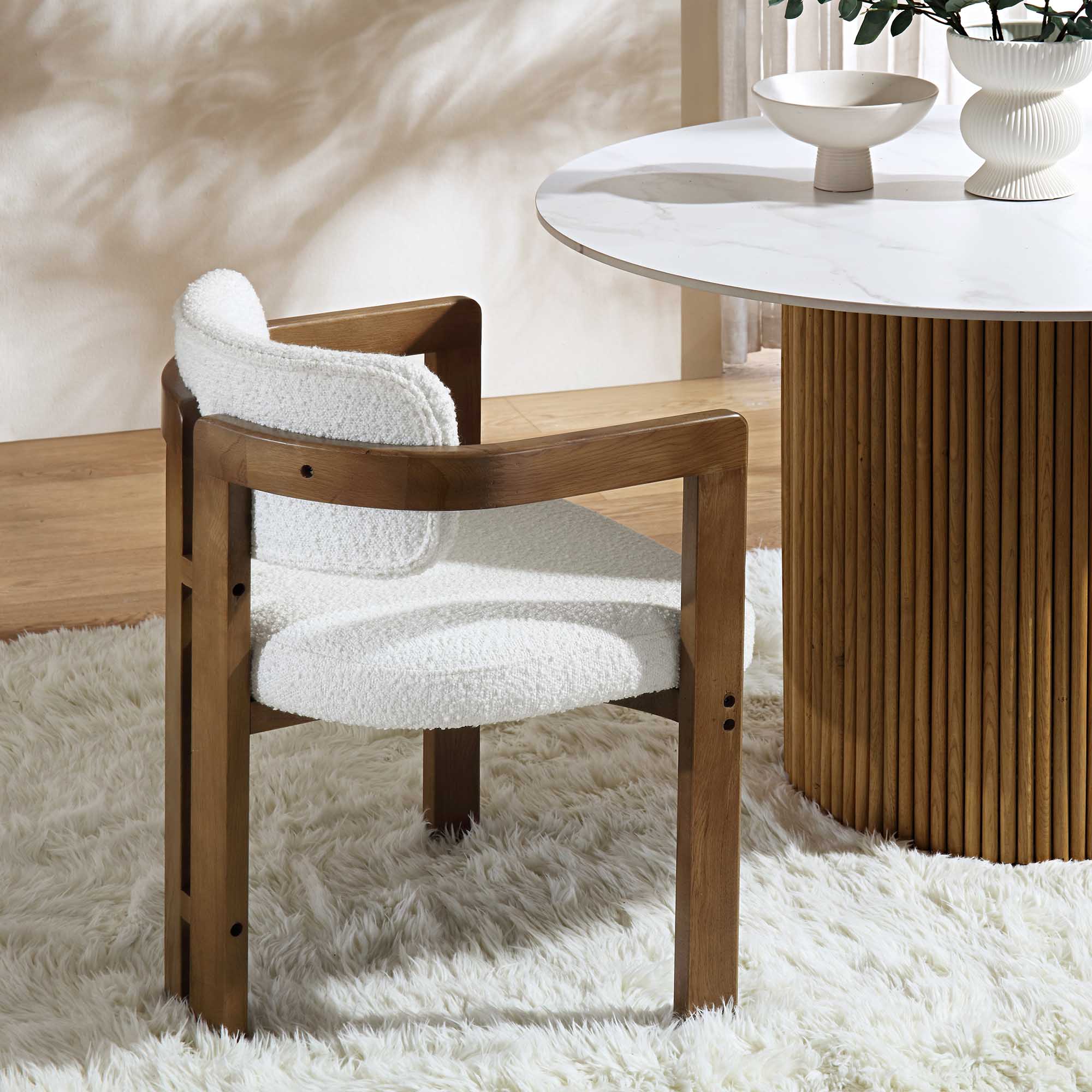 Stanford Curved Oak Frame Upholstered Chair, White Boucle Light Walnut Frame - Image 4