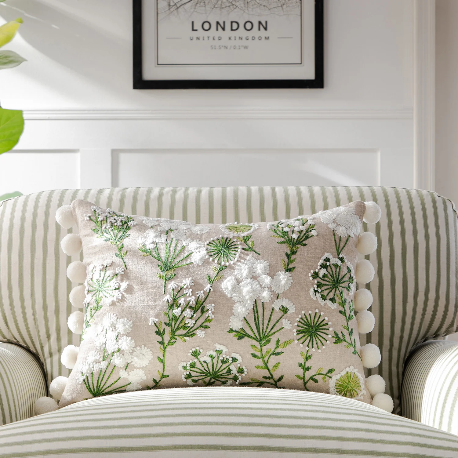 Country Collection Wildflower Rectangular Linen Pom Pom Cushion