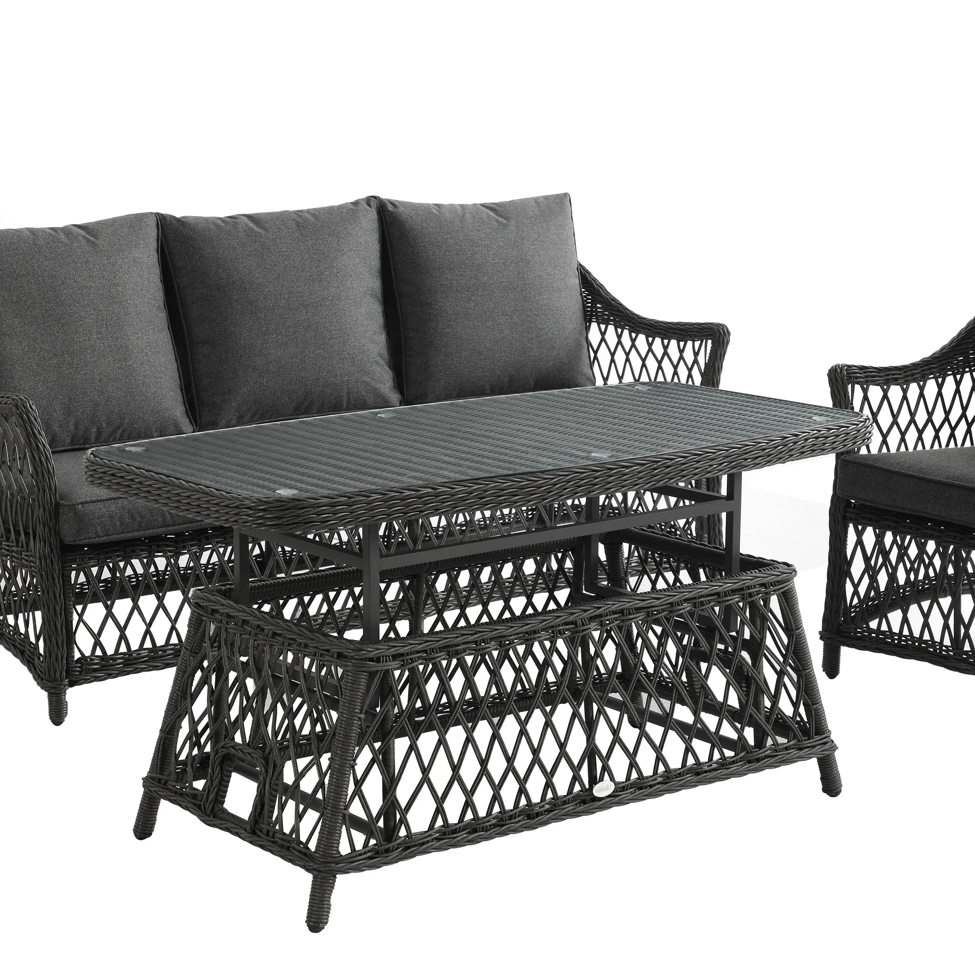 Willowbrook Lattice Weave Rattan 5-Seater Sofa Set with Rising Table, Dark Grey - Image 11