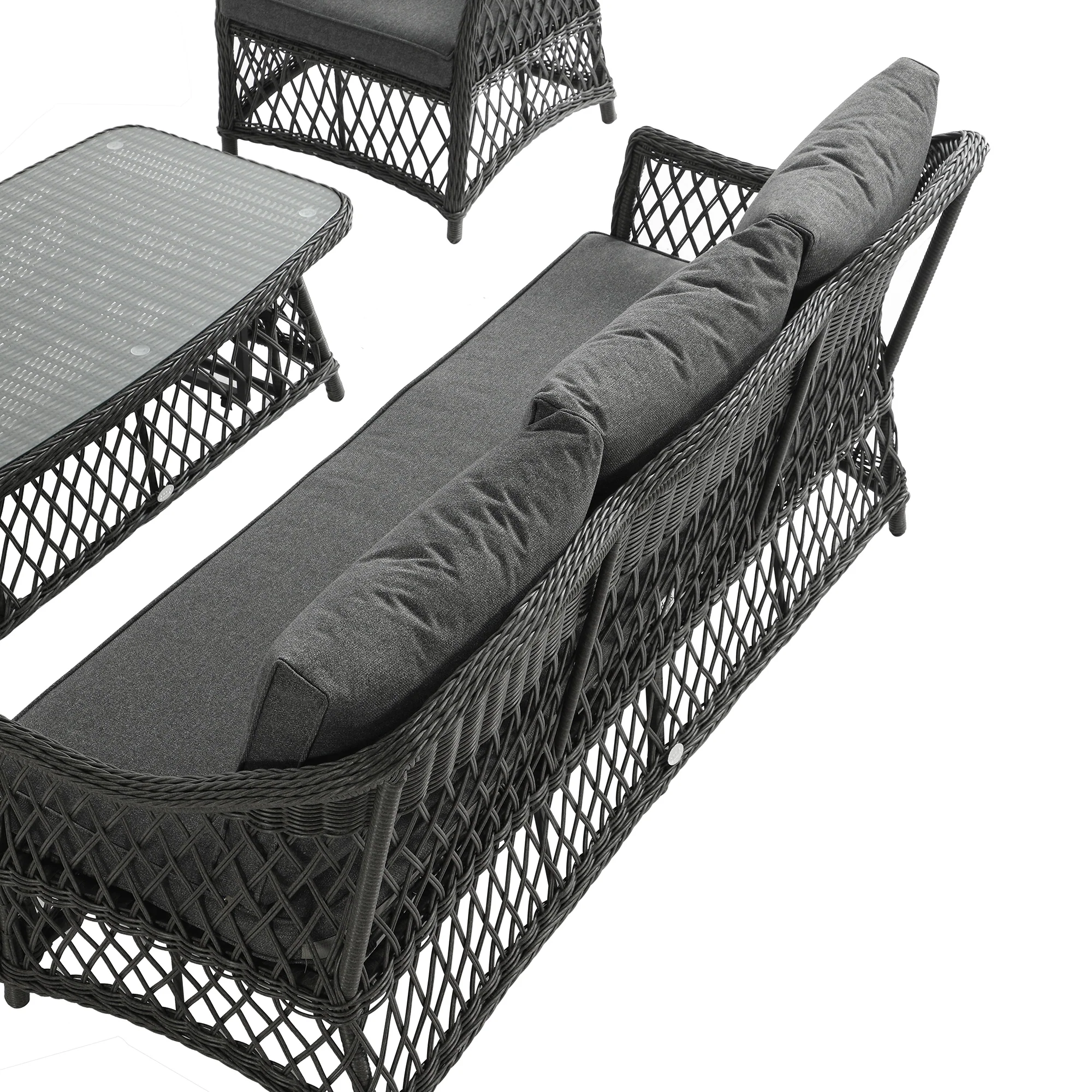 Willowbrook Lattice Weave Rattan 5-Seater Sofa Set with Rising Table, Dark Grey - Image 12