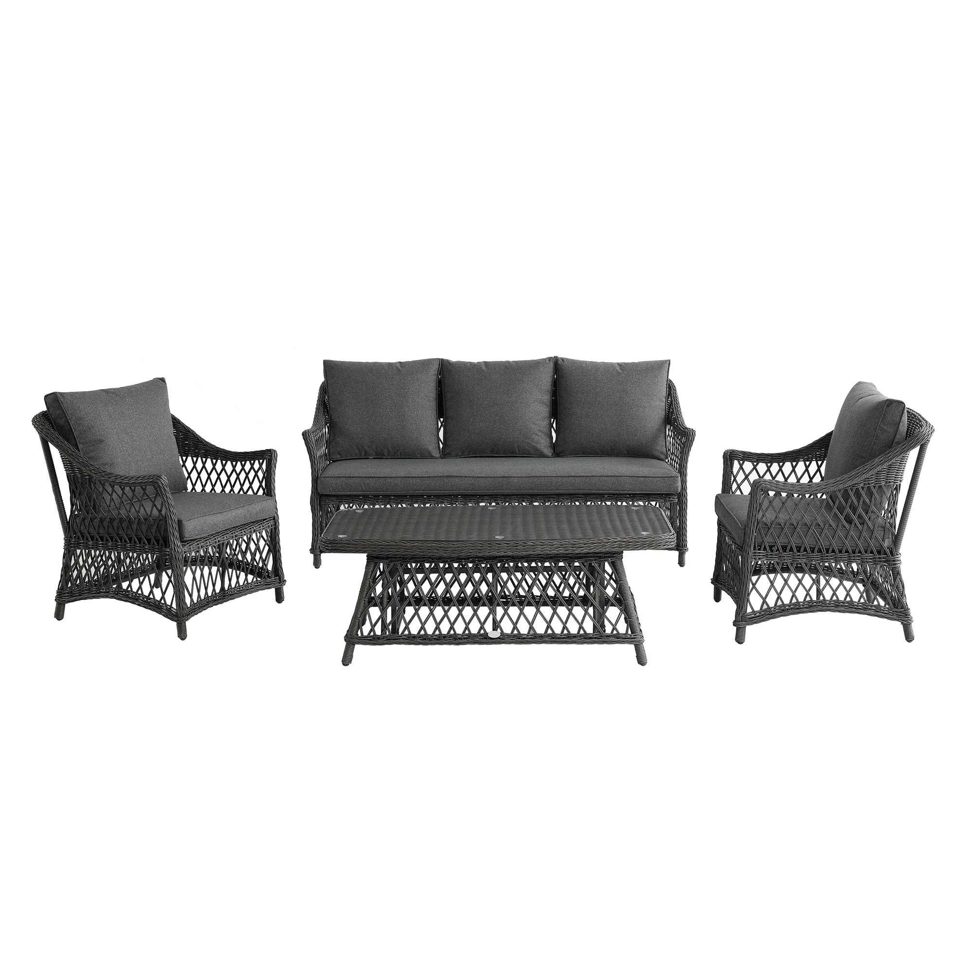 Willowbrook Lattice Weave Rattan 5-Seater Sofa Set with Rising Table, Dark Grey - Image 2