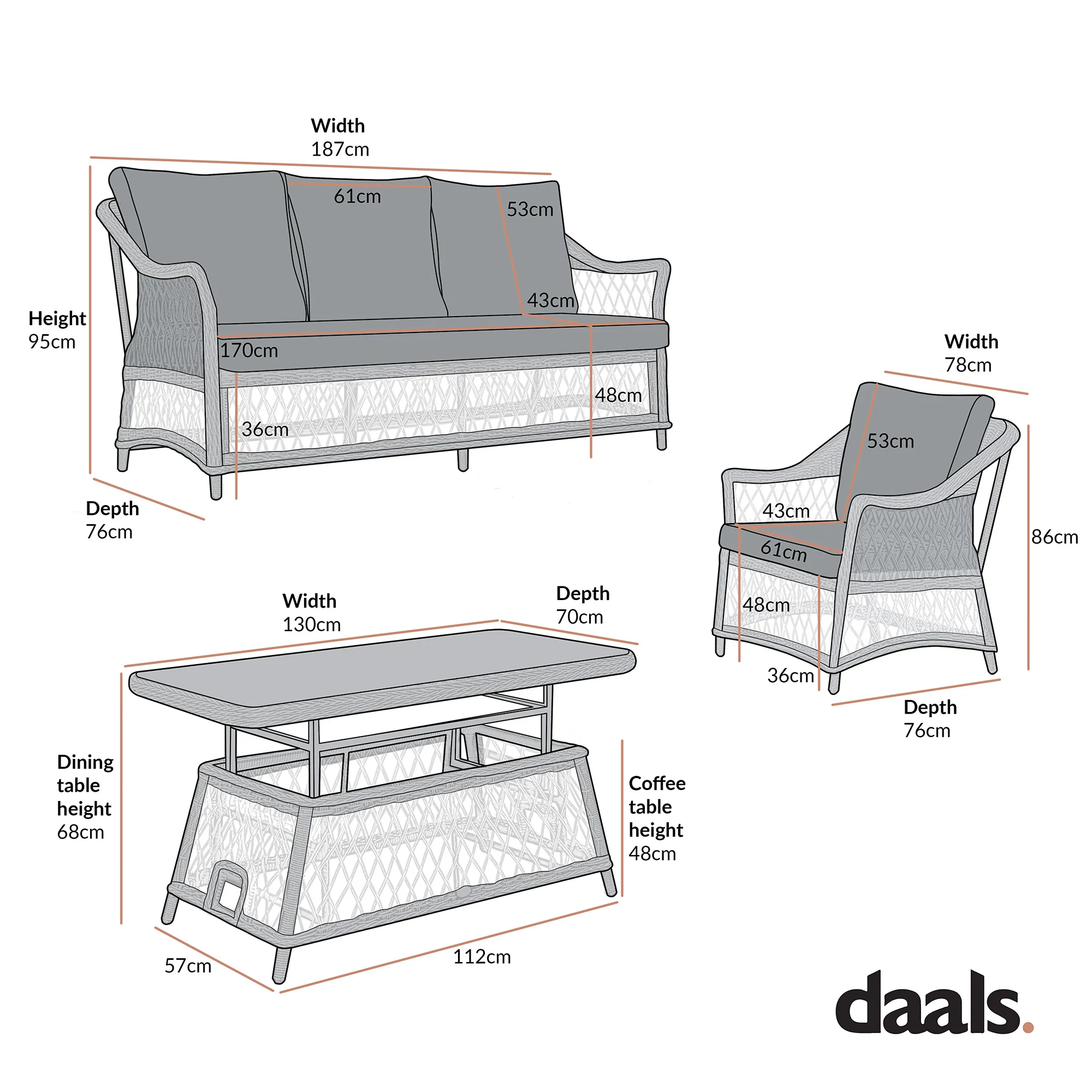 Willowbrook Lattice Weave Rattan 5-Seater Sofa Set with Rising Table, Dark Grey - Image 3