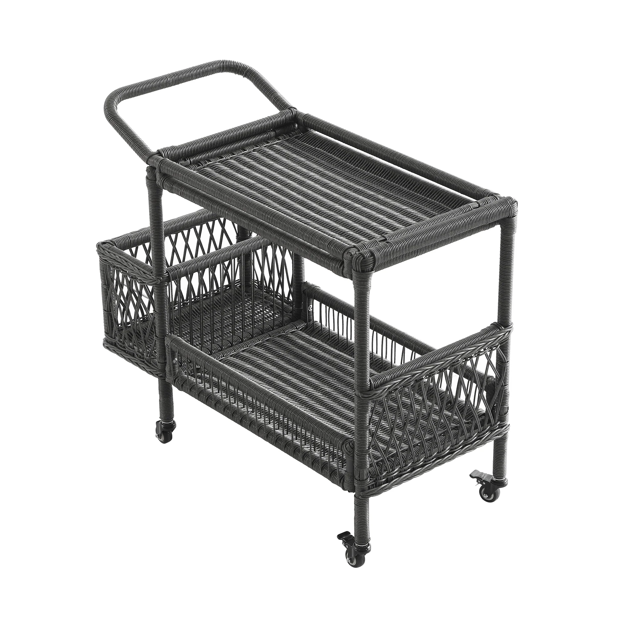 Willowbrook Lattice Weave Rattan Bar Cart, Dark Grey - Image 2