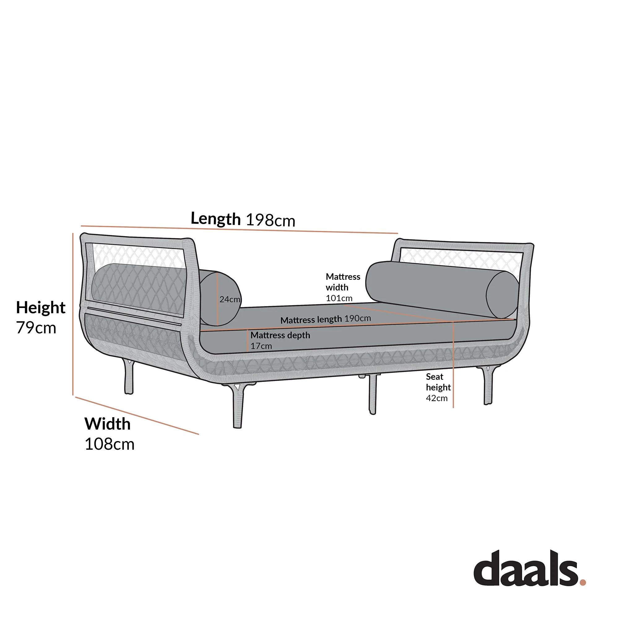 Willowbrook Lattice Weave Rattan Daybed, Dark Grey - Image 3